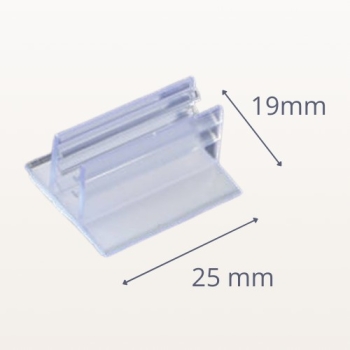 Uchwyt grip samoprzylepny do shelf-stopera prostopadły 25x19 mm – widok pod kątem 45° z wymiarami