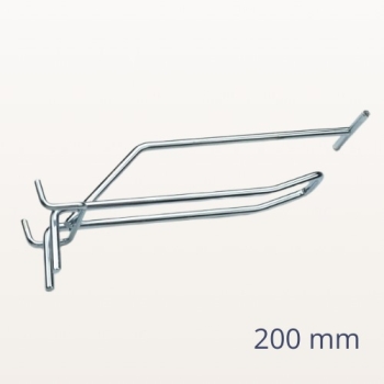 Hak metalowy podwójny 200 mm srebrny z szyldem do ścian perforowanych – widok z boku