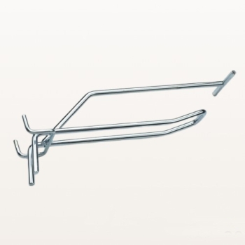 Hak metalowy z wysięgnikiem 150mm, srebrny, podwójny – widok pod kątem, do montażu na perforowanej ściance