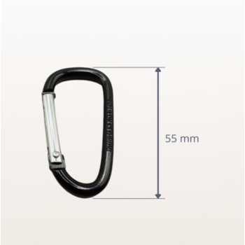 Karabińczyk aluminiowy reklamowy z zapadką 55 mm czarny – widok z wymiarami