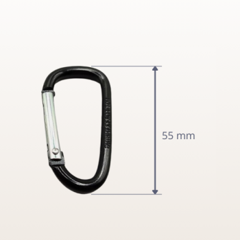 Karabińczyk aluminiowy reklamowy z zapadką 55 mm czarny – widok z wymiarami