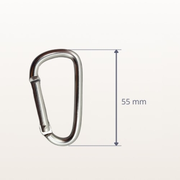 Karabińczyk aluminiowy reklamowy z zapadką 55 mm srebrny – widok z wymiarami