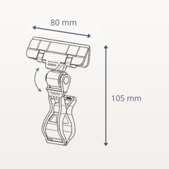 Uchwyt do etykiet cenowych z klipsem i klamrą, przezroczysty 105x80 mm, widok z wymiarami