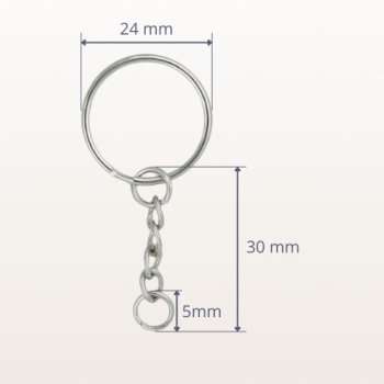 Kółko metalowe spiralne z łańcuszkiem do breloków 24 mm srebrne – widok z wymiarami