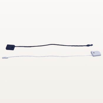 Plomby odzieżowe z zawieszką 200 mm – czarna i biała, do metek i etykiet – dwie zawieszki rozciągnięte, widok pod kątem