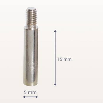 Srebrna przedłużka do śrub introligatorskich M4 – długość 15 mm, metalowa, widok z boku, z wymiarami