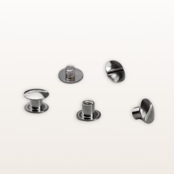 Śruby introligatorskie M4, z nacięciem, niklowane, srebrne, 5 mm – różne ujęcia