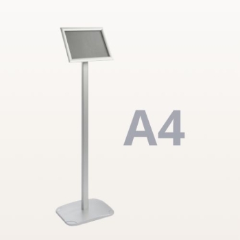 Stojak informacyjny A4 OWZ srebrny, wolnostojący, 100 cm, widok z boku, ramka ustawiona w poziomie