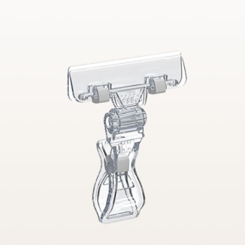 Uchwyt do etykiet cenowych z klipsem i klamrą, przezroczysty 105x80 mm - widok z przodu